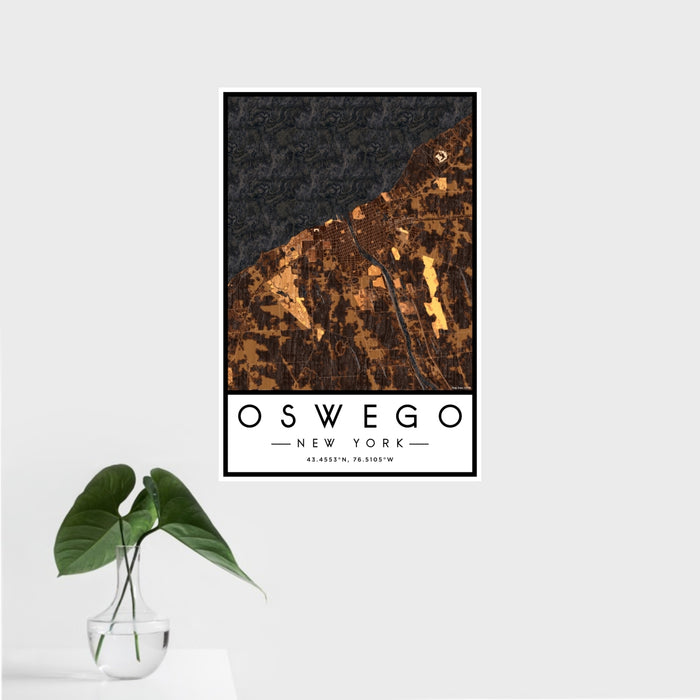 16x24 Oswego New York Map Print Portrait Orientation in Ember Style With Tropical Plant Leaves in Water