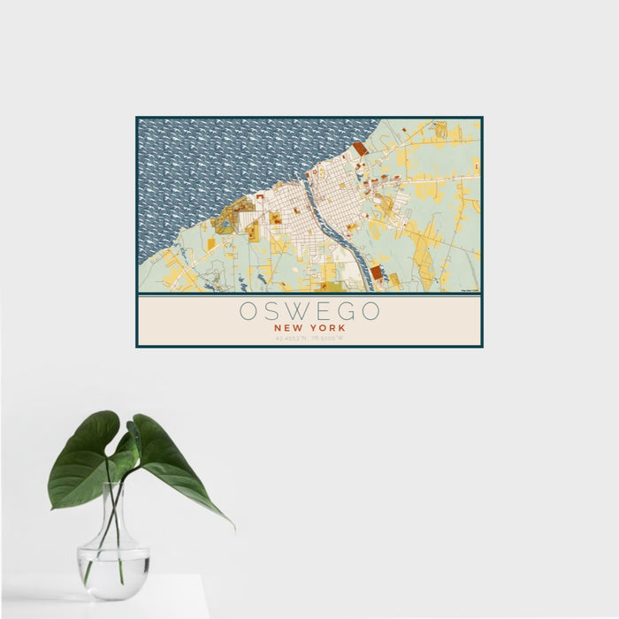 16x24 Oswego New York Map Print Landscape Orientation in Woodblock Style With Tropical Plant Leaves in Water