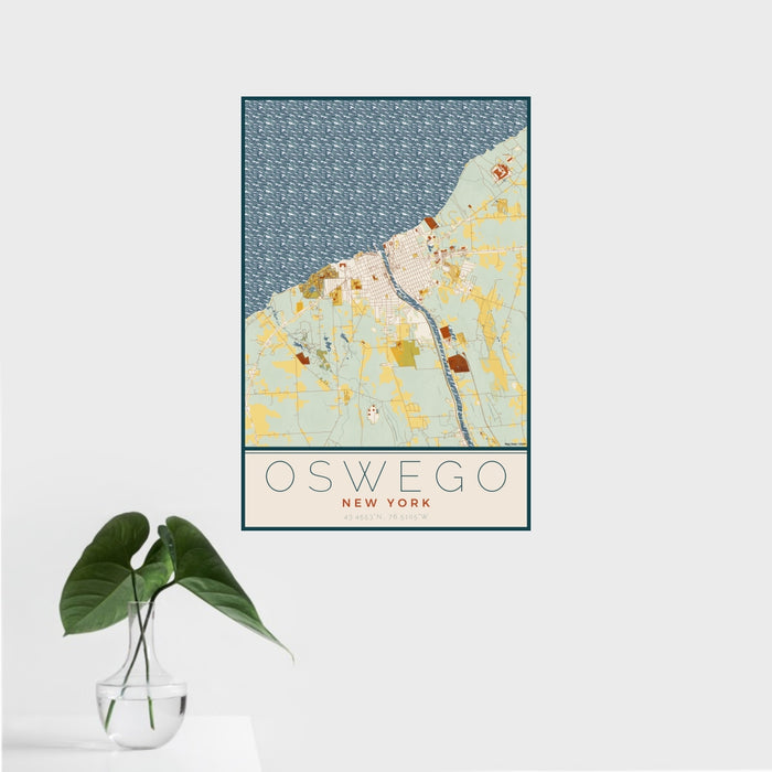 16x24 Oswego New York Map Print Portrait Orientation in Woodblock Style With Tropical Plant Leaves in Water