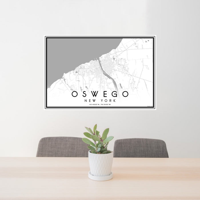 24x36 Oswego New York Map Print Lanscape Orientation in Classic Style Behind 2 Chairs Table and Potted Plant