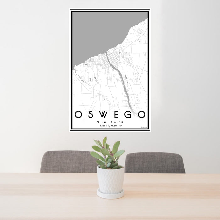 24x36 Oswego New York Map Print Portrait Orientation in Classic Style Behind 2 Chairs Table and Potted Plant