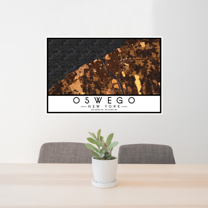 24x36 Oswego New York Map Print Lanscape Orientation in Ember Style Behind 2 Chairs Table and Potted Plant