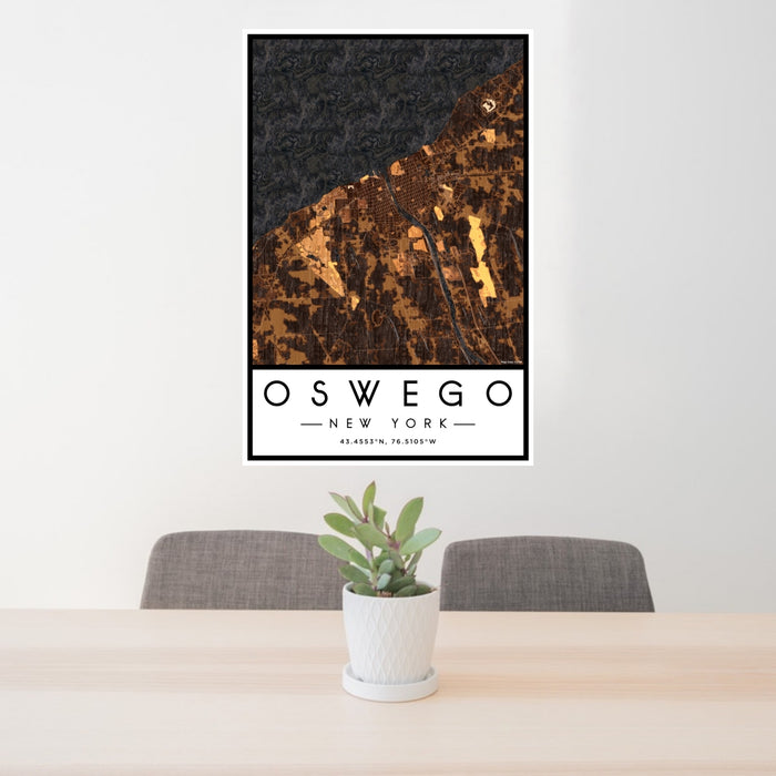 24x36 Oswego New York Map Print Portrait Orientation in Ember Style Behind 2 Chairs Table and Potted Plant