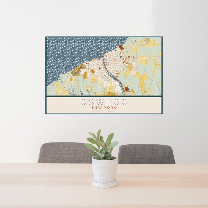 24x36 Oswego New York Map Print Lanscape Orientation in Woodblock Style Behind 2 Chairs Table and Potted Plant