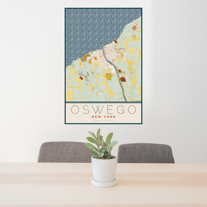 24x36 Oswego New York Map Print Portrait Orientation in Woodblock Style Behind 2 Chairs Table and Potted Plant