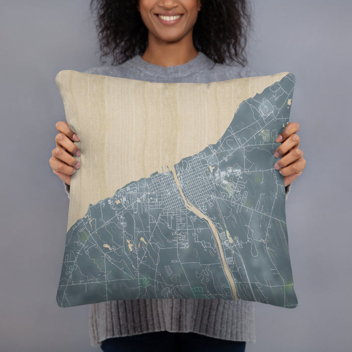 Person holding 18x18 Custom Oswego New York Map Throw Pillow in Afternoon