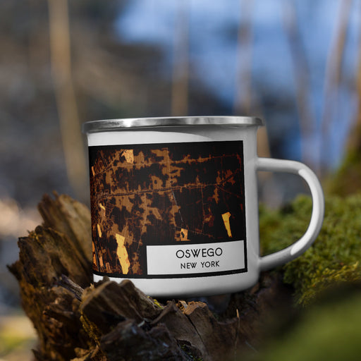 Right View Custom Oswego New York Map Enamel Mug in Ember on Grass With Trees in Background