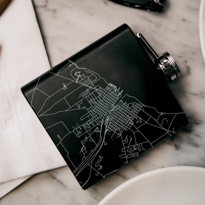 Oswego New York Custom Engraved City Map Inscription Coordinates on 6oz Stainless Steel Flask in Black