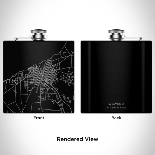 Rendered View of Oswego New York Map Engraving on 6oz Stainless Steel Flask in Black