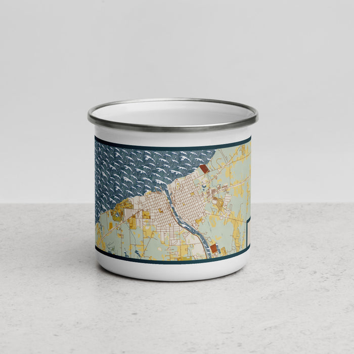 Front View Custom Oswego New York Map Enamel Mug in Woodblock