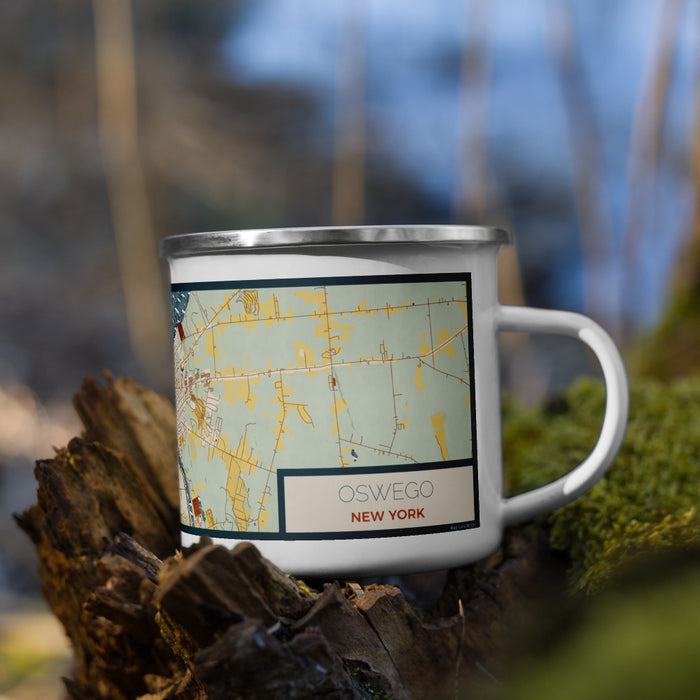 Right View Custom Oswego New York Map Enamel Mug in Woodblock on Grass With Trees in Background