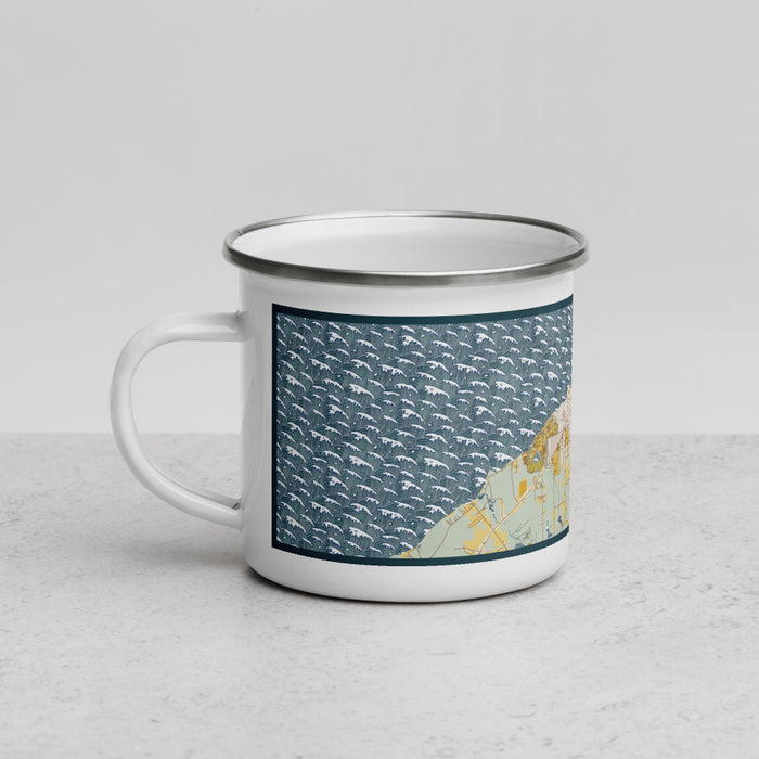 Left View Custom Oswego New York Map Enamel Mug in Woodblock