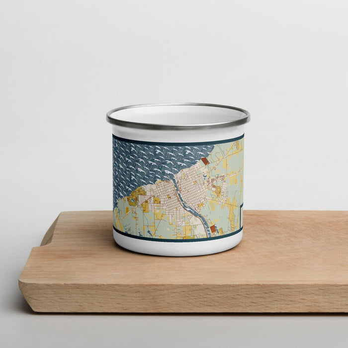 Front View Custom Oswego New York Map Enamel Mug in Woodblock on Cutting Board