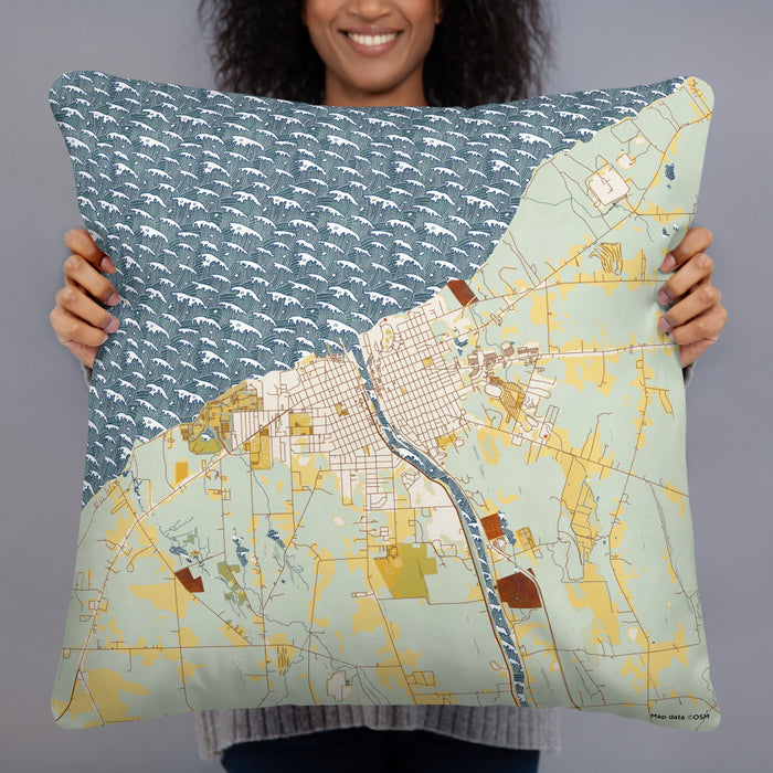 Person holding 22x22 Custom Oswego New York Map Throw Pillow in Woodblock