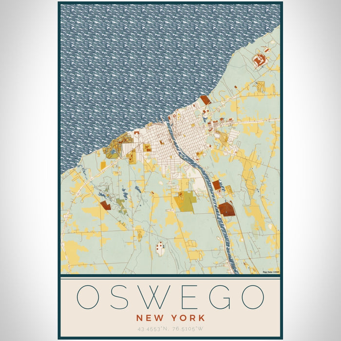 Oswego New York Map Print Portrait Orientation in Woodblock Style With Shaded Background