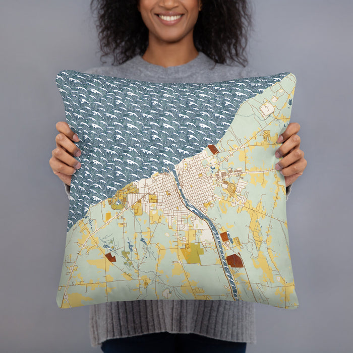 Person holding 18x18 Custom Oswego New York Map Throw Pillow in Woodblock