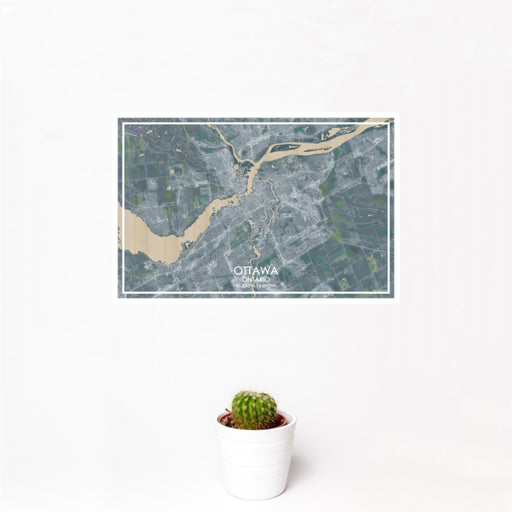 12x18 Ottawa Ontario Map Print Landscape Orientation in Afternoon Style With Small Cactus Plant in White Planter