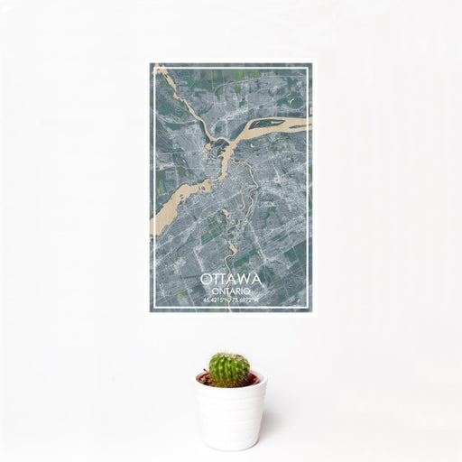 12x18 Ottawa Ontario Map Print Portrait Orientation in Afternoon Style With Small Cactus Plant in White Planter