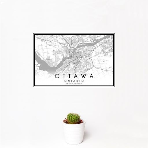 12x18 Ottawa Ontario Map Print Landscape Orientation in Classic Style With Small Cactus Plant in White Planter