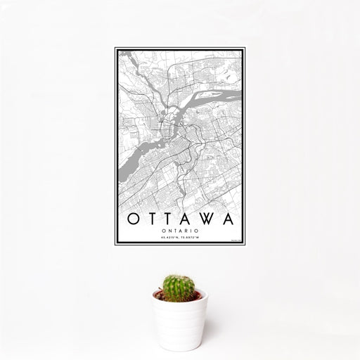12x18 Ottawa Ontario Map Print Portrait Orientation in Classic Style With Small Cactus Plant in White Planter
