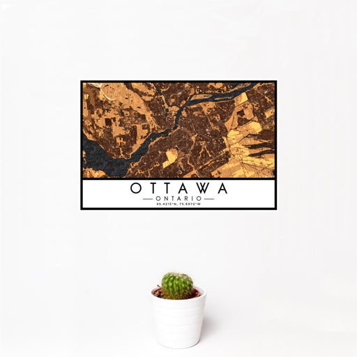 12x18 Ottawa Ontario Map Print Landscape Orientation in Ember Style With Small Cactus Plant in White Planter