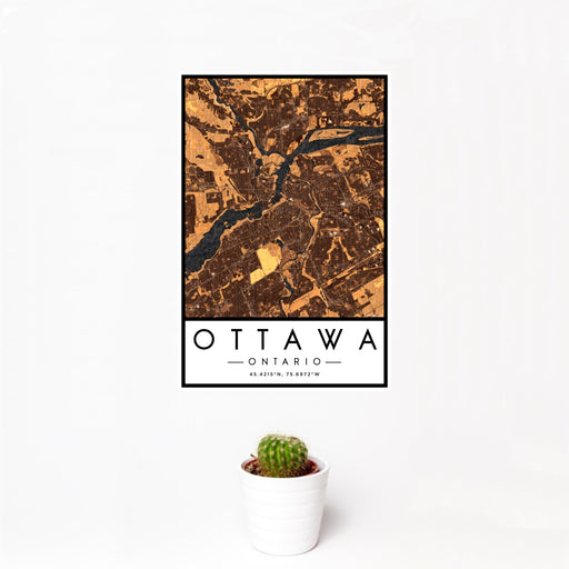 12x18 Ottawa Ontario Map Print Portrait Orientation in Ember Style With Small Cactus Plant in White Planter