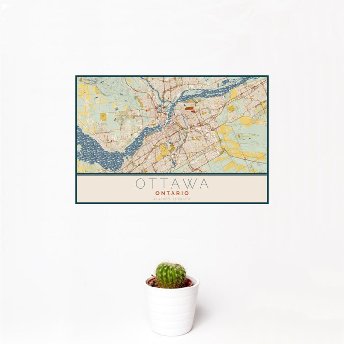 12x18 Ottawa Ontario Map Print Landscape Orientation in Woodblock Style With Small Cactus Plant in White Planter