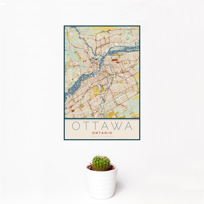 12x18 Ottawa Ontario Map Print Portrait Orientation in Woodblock Style With Small Cactus Plant in White Planter