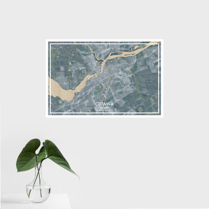 16x24 Ottawa Ontario Map Print Landscape Orientation in Afternoon Style With Tropical Plant Leaves in Water