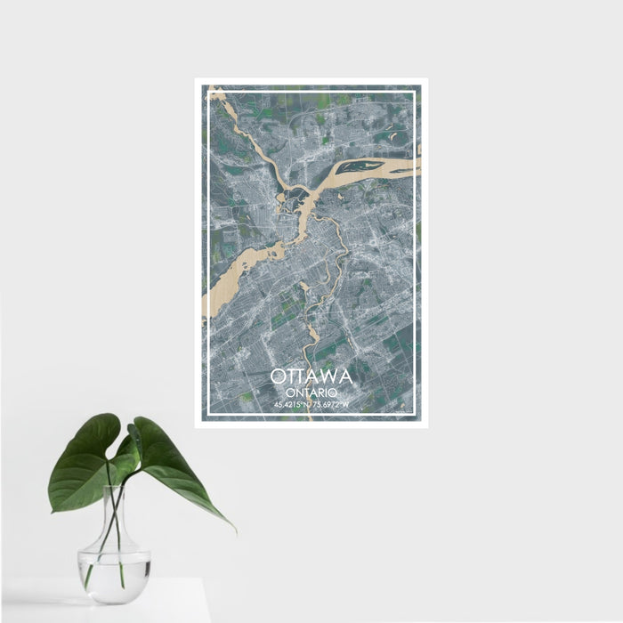 16x24 Ottawa Ontario Map Print Portrait Orientation in Afternoon Style With Tropical Plant Leaves in Water
