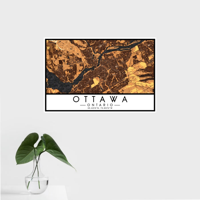 16x24 Ottawa Ontario Map Print Landscape Orientation in Ember Style With Tropical Plant Leaves in Water