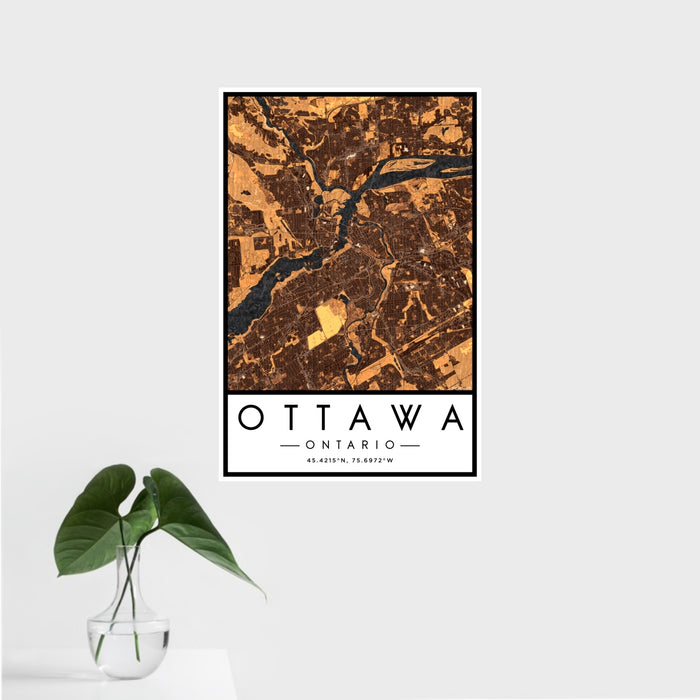 16x24 Ottawa Ontario Map Print Portrait Orientation in Ember Style With Tropical Plant Leaves in Water