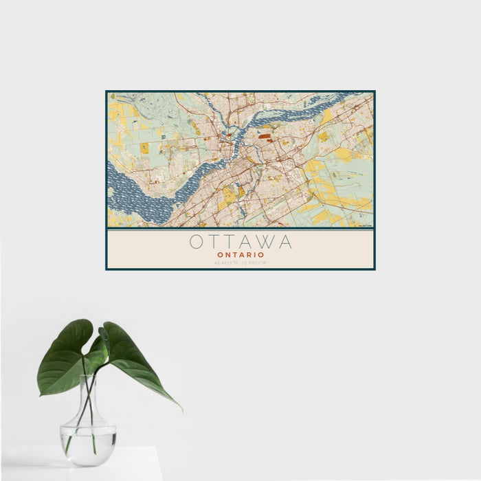 16x24 Ottawa Ontario Map Print Landscape Orientation in Woodblock Style With Tropical Plant Leaves in Water