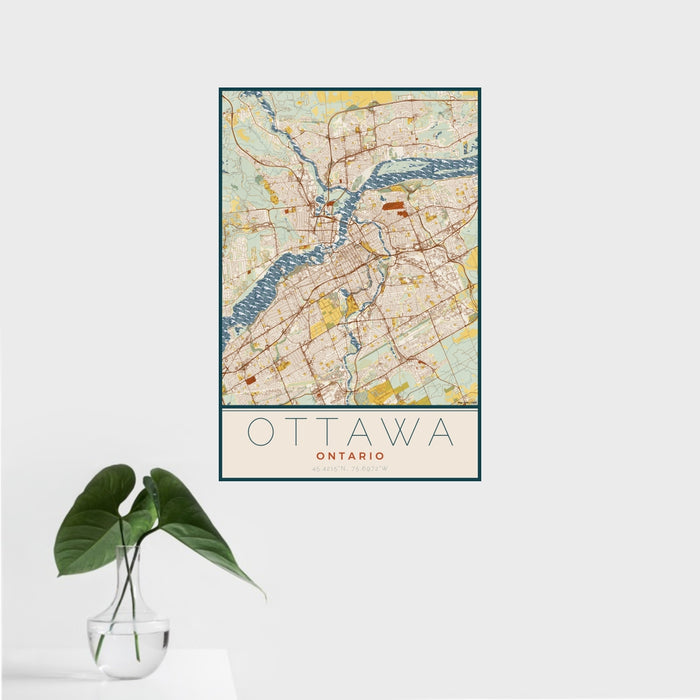 16x24 Ottawa Ontario Map Print Portrait Orientation in Woodblock Style With Tropical Plant Leaves in Water