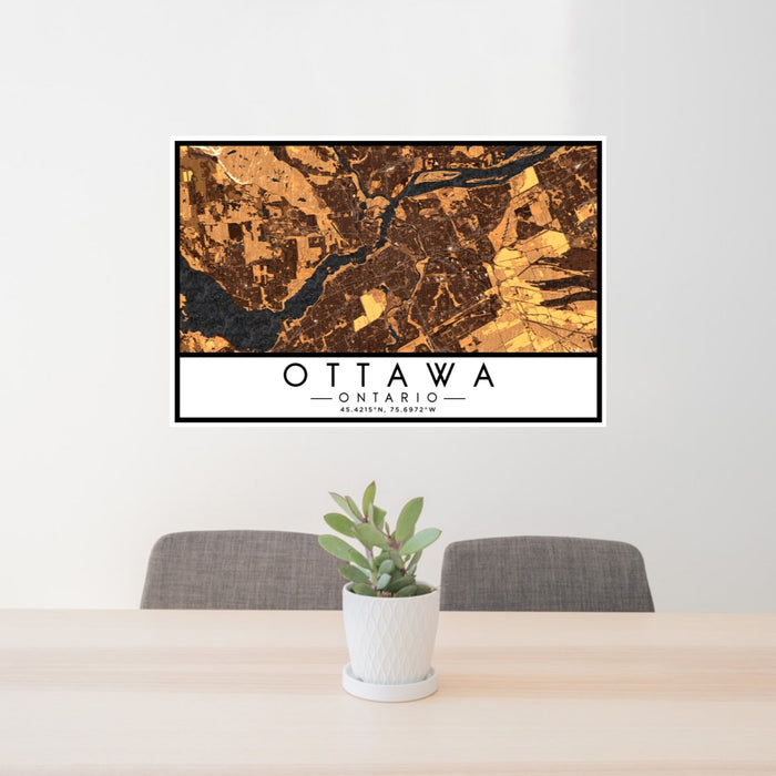 24x36 Ottawa Ontario Map Print Lanscape Orientation in Ember Style Behind 2 Chairs Table and Potted Plant