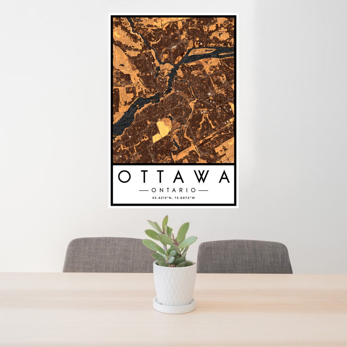 24x36 Ottawa Ontario Map Print Portrait Orientation in Ember Style Behind 2 Chairs Table and Potted Plant