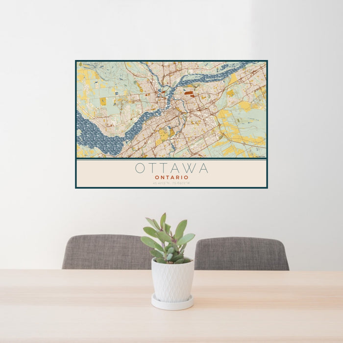 24x36 Ottawa Ontario Map Print Lanscape Orientation in Woodblock Style Behind 2 Chairs Table and Potted Plant