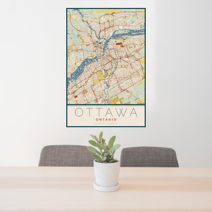 24x36 Ottawa Ontario Map Print Portrait Orientation in Woodblock Style Behind 2 Chairs Table and Potted Plant