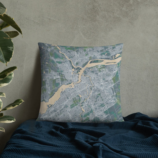 Custom Ottawa Ontario Map Throw Pillow in Afternoon on Bedding Against Wall