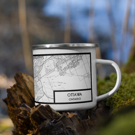 Right View Custom Ottawa Ontario Map Enamel Mug in Classic on Grass With Trees in Background