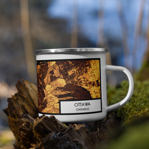Right View Custom Ottawa Ontario Map Enamel Mug in Ember on Grass With Trees in Background