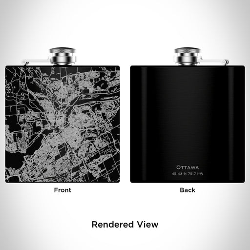 Rendered View of Ottawa Ontario Map Engraving on 6oz Stainless Steel Flask in Black