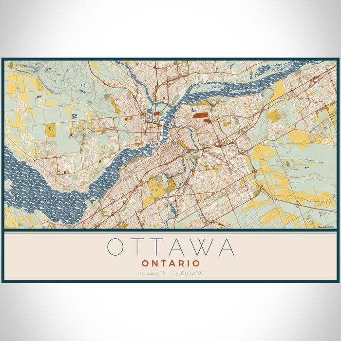 Ottawa Ontario Map Print Landscape Orientation in Woodblock Style With Shaded Background