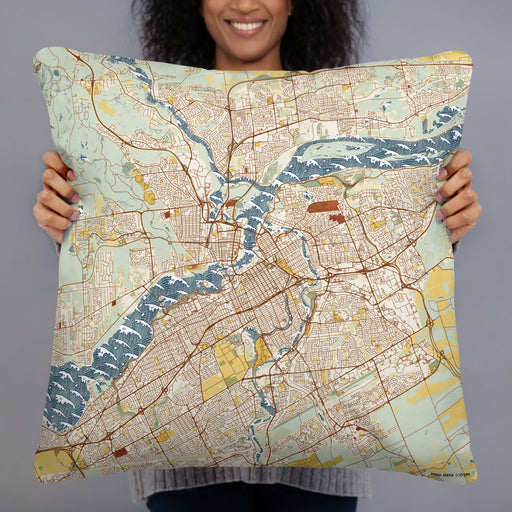 Person holding 22x22 Custom Ottawa Ontario Map Throw Pillow in Woodblock