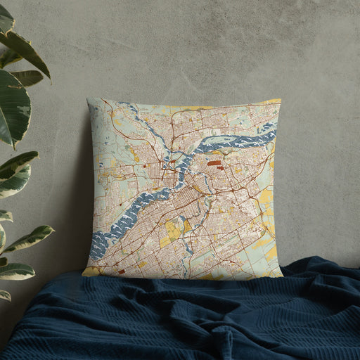 Custom Ottawa Ontario Map Throw Pillow in Woodblock on Bedding Against Wall