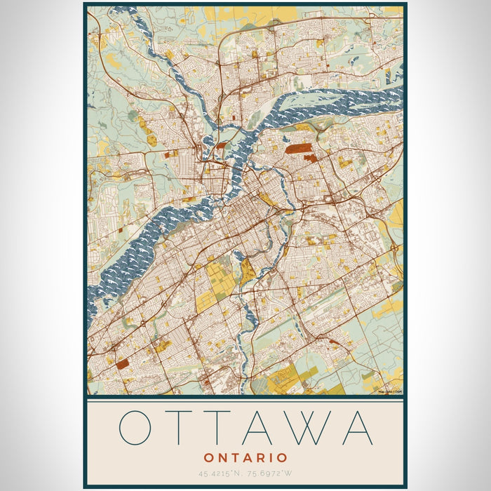 Ottawa Ontario Map Print Portrait Orientation in Woodblock Style With Shaded Background