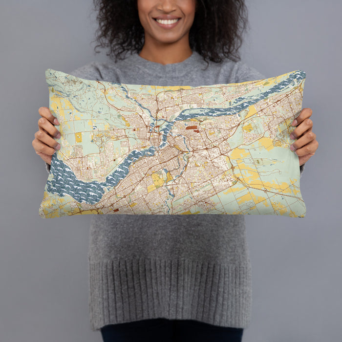 Person holding 20x12 Custom Ottawa Ontario Map Throw Pillow in Woodblock