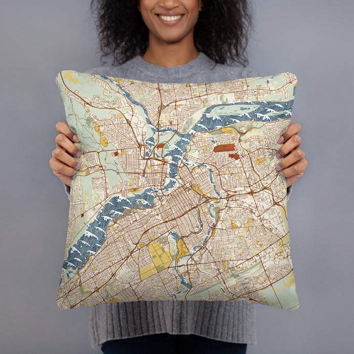 Person holding 18x18 Custom Ottawa Ontario Map Throw Pillow in Woodblock