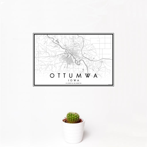 12x18 Ottumwa Iowa Map Print Landscape Orientation in Classic Style With Small Cactus Plant in White Planter