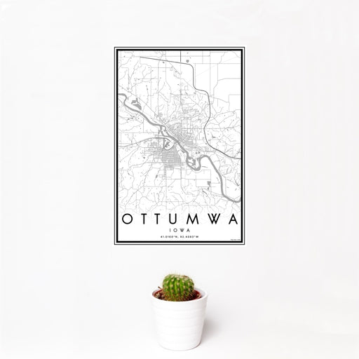 12x18 Ottumwa Iowa Map Print Portrait Orientation in Classic Style With Small Cactus Plant in White Planter